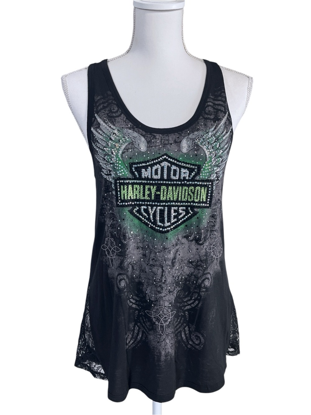 NWT Harley Davidson Bling Charmed Tank Top size Small in Black / Green